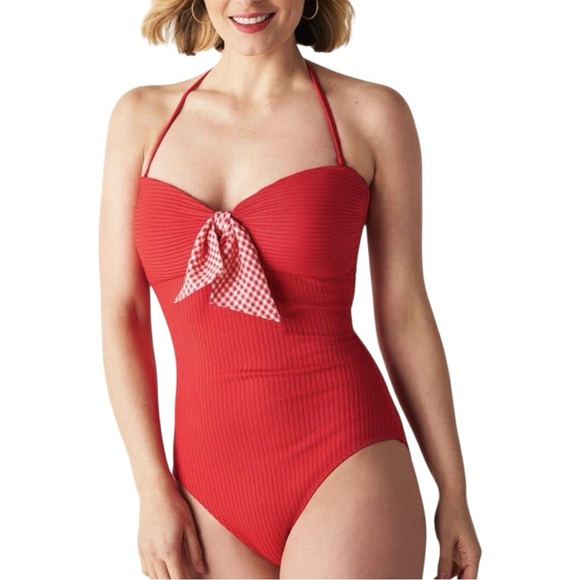 Matilda Jane Poolside Party Red One-Piece Swimsuit with Checkered Bow Medium - Picture 1 of 7